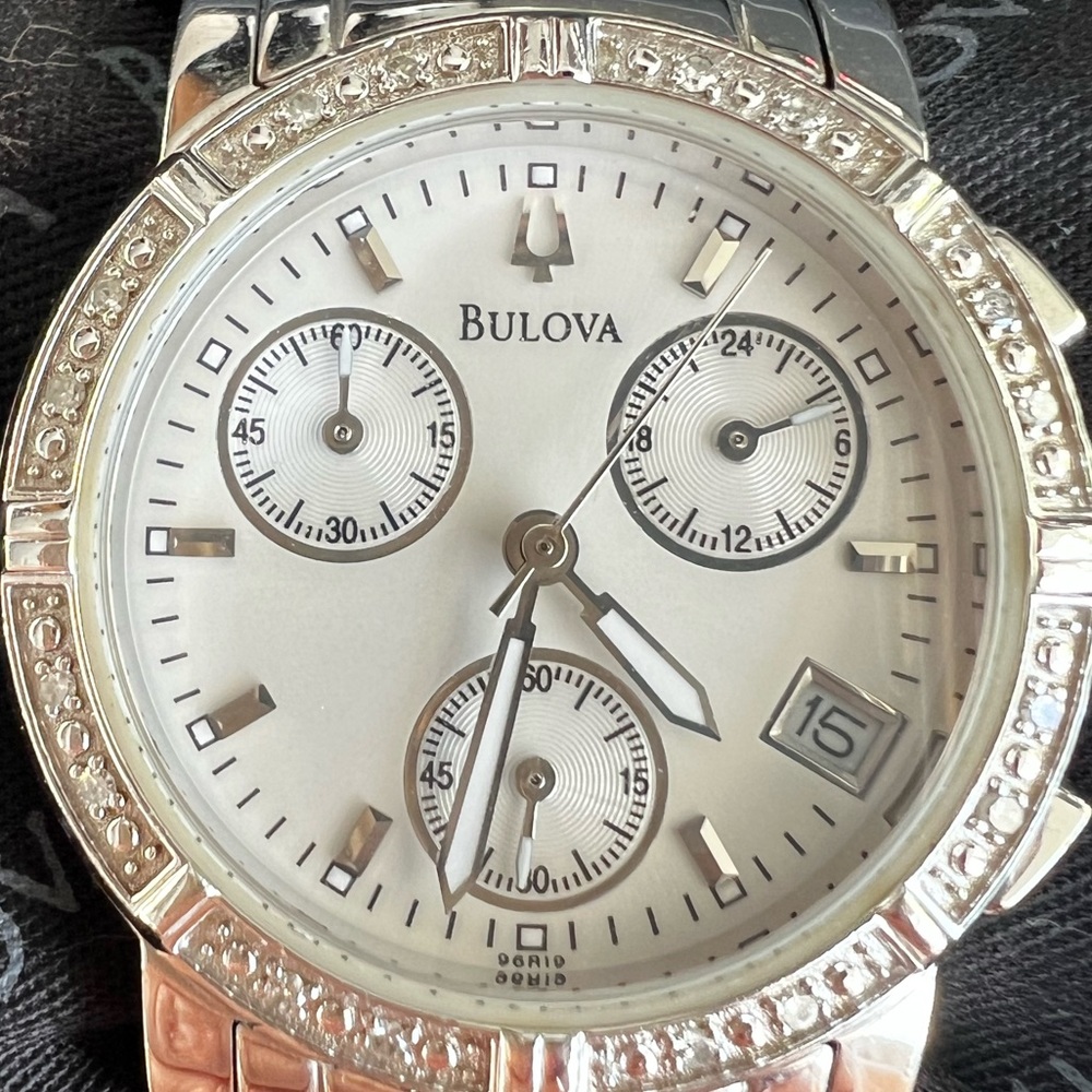 BULOVA Quartz Chronograph Ladies Watch - Stainless Steel w 16 Diamonds